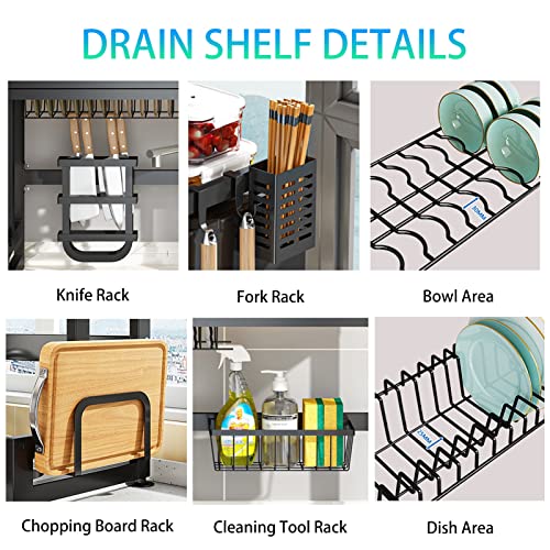 3-poziomowy stojak do suszenia naczyń nad zlewem – pojemnik ze stali nierdzewnej z pyłoszczelną pokrywą na blat kuchenny, oszczędzający miejsce uchwyt na naczynia i przybory kuchenne