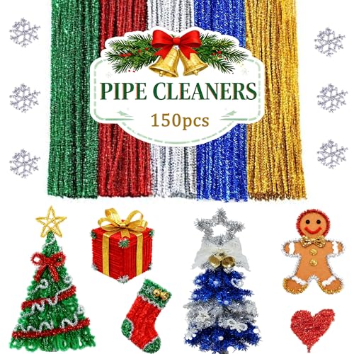 TadaGet 150 glitzernde farbige Pfeifenreiniger, darunter je 30 rote/weiße/Silberne/gelbe/grüne für Weihnachten, andere Feste und zum Basteln