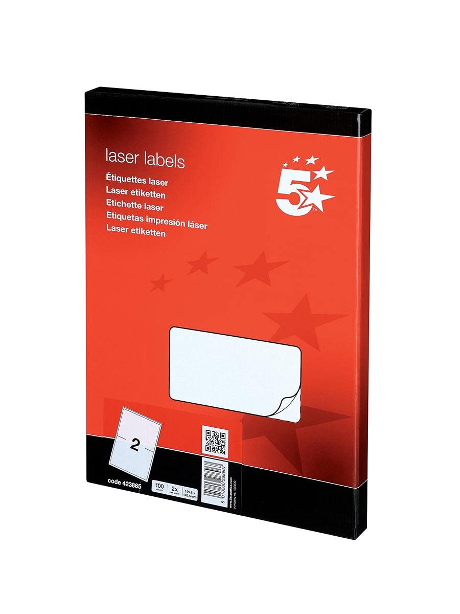 5 Star 423865 Addressing Labels Laser 2 per Sheet 199.6x143.5mm White [200 Labels]