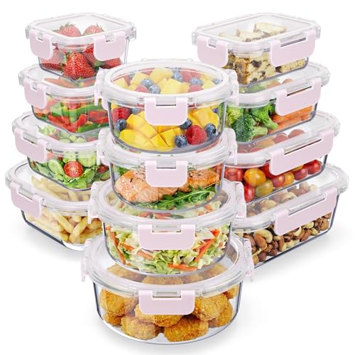 Emporio Kitchen Borosilicate Glass Food Storage Containers with Lids 24 Pieces, BPA-Free Stackable Lunch & Leftover Containers, Microwave, Freezer & Dishwasher Safe, 100% Airtight Leak-Proof, Pink