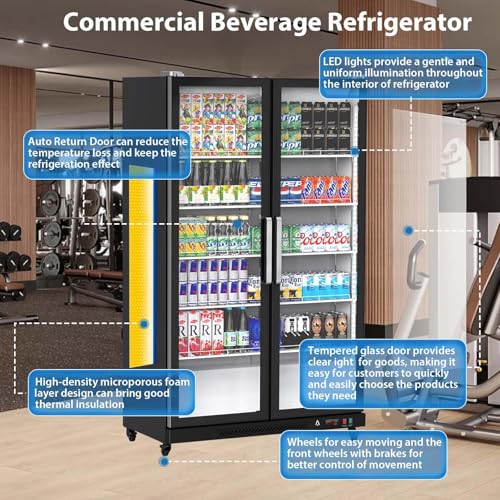 GarveeHome Commercial Refrigerator, Glass Door with LED Lighting - Upright Beverage Display Cooler for Home, Store, Gym, or Office, Featuring Double Swing Doors and 39 cu.ft