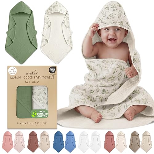 Image of infancie 100% Organic Cotton Muslin Baby Hooded Towels 32x32 Inch – 2 Pack Soft & Absorbent Baby Hooded Towel Wrap for Boys & Girls, Premium Hooded Towels, Gentle Baby Essentials in Deep Green/Floral