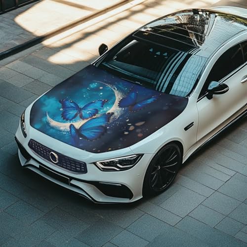 Image of Butterfly Moon Print Car Hood Cover Elastic Polyester Car Hood Cover Removable Automotive Accessories Suitable Most Automotive Sedans Trucks Pickup Sports Cars