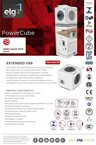 ELG, PWC-X4U/3M, PowerCube com Extensor USB, Filtro de Linha, Multiplicador 4 Tomadas Bivolt com 2 P