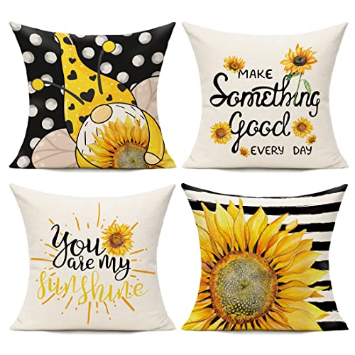 Vakado Outdoor Throw Pillow Covers Sunflower Set Of 4 18X18 Summer Outdoor Yellow Bee Flower Decorative Home Decor For Patio Couch Chair #TOP27