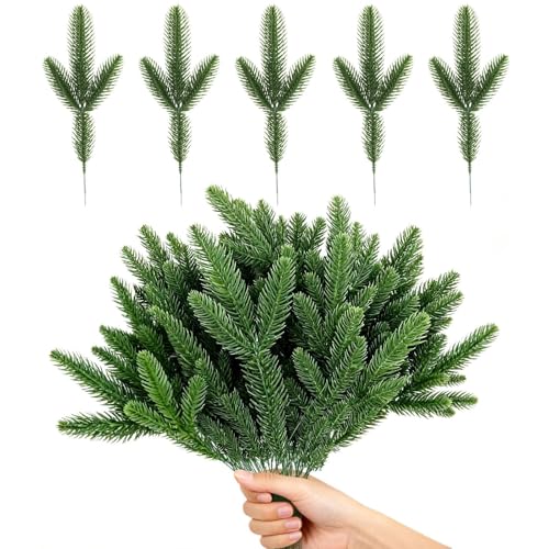 JIEFULL 50 Pcs Artificial Green Pine Branches for Christmas Tree Filler Norfolk Pine Needles Stems...