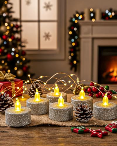 Image of 12Pcs Sliver Glitter Tea Light Candles Battery Operated with Timer