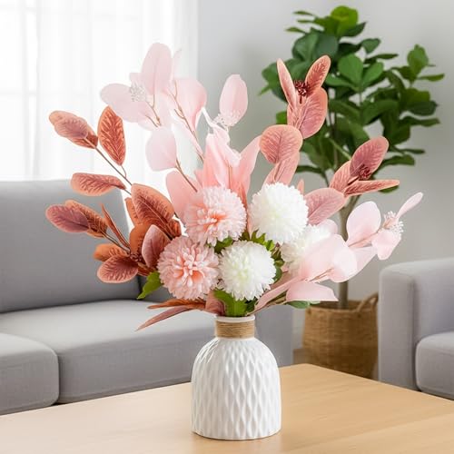 Nostrae by Ekhasa Artificial Flowers with Vase for Home Decor | White Ceramic Flower Vase with Artificial Flowers for Bedroom Table Decoration | Decor
