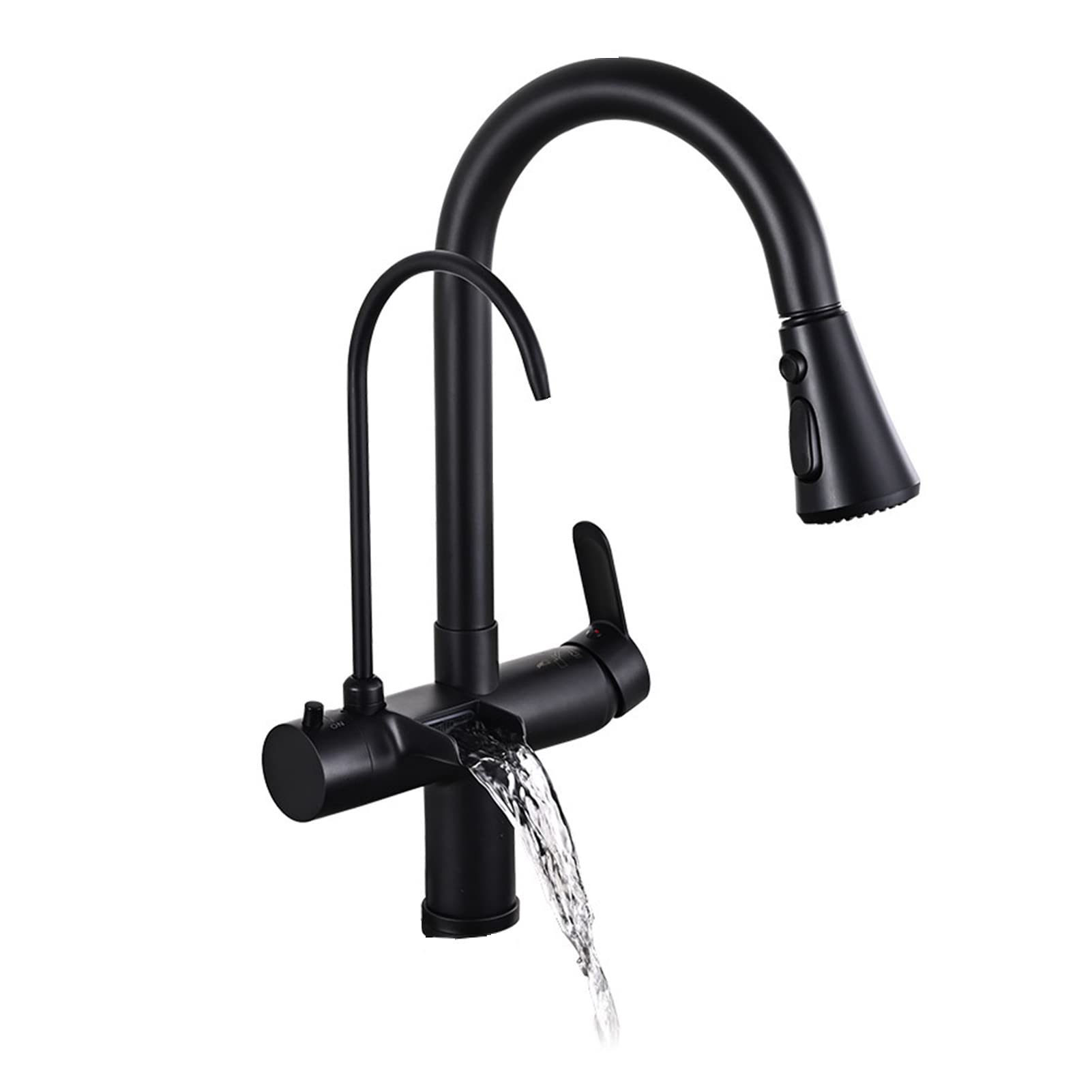 Mitigeur de cuisine noir mat 3 en 1 avec douchette et filtration intégrée
