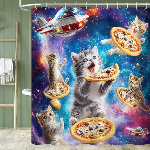 Image of Funny Shower Curtain, Galaxy Space Cute Cat Pizza Colorful Fabric Bathroom Accessories Decor Curtain, Cute Hilarious Anime Boys Girls Shower Curtains for Bathroom, with Hooks 72x72 Inch