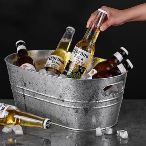 3 Gallon Galvanized Tub Beverage Tubs, Metal Ice Buckets for Cocktail Bar Wine Beer Drink Buckets with Handles Large Tub Ice Bucket for Parties (Silvery)