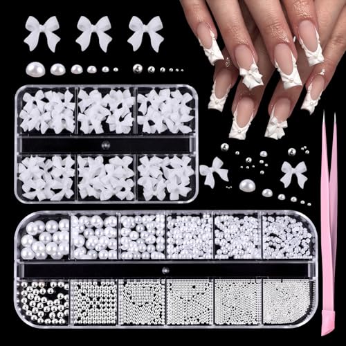GZMAYUEN 3D Bijoux pour nail art, nœud et des perles plates, Charmes blancs d'art d'ongle d'arc d'ongle, Demi perles blanches pour bijoux d'ongles, accessoires de bricolage