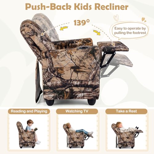 Image of Kids Recliner, Toddler Lounge Chair w /Cup Holder, Wide Armrest, Kids Sofa w /Adjustable Footrest, Comfy Toddler Recliner Chair for for Boys & Girls 3 + (Fabric, Leaf Color)