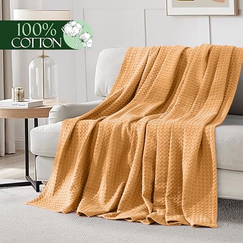Image of Elegant Comfort Premium 100% Cotton Waffle Blanket - Lightweight Breathable Waffle Weave Bed Blanket - Soft and Warm All Season Blanket for Couch, Sofa and Bed, Twin Size 68x88 Inches, Gold