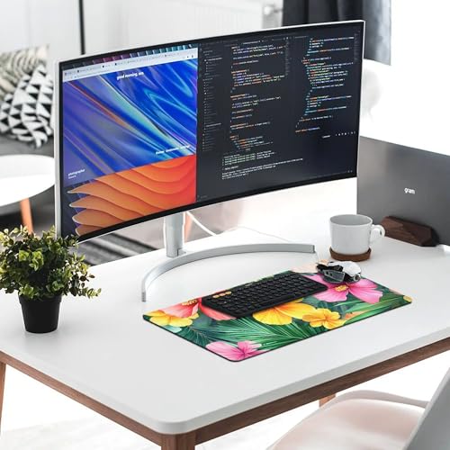 Image of Palm Leaves Tropical Extended Gaming Mouse Pad, with Stitched Edges Large Mouse Pad Desk Protector, Rubber Base Mousepad Keyboard Mouses Mat for Work Game Office Home- 32 inch X 16 inch Inch