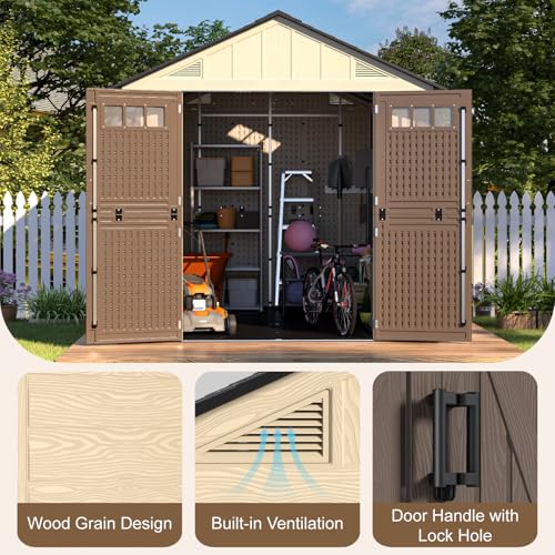 8x10 Ft Outdoor Storage Shed with Floor, Large Resin Outdoor Shed with Lockable Doors, 4 Fixed Windows & 4 Skylights, HDPE Garden Sheds for Backyard, Lawn Tools, Pool & Bike Supplies, Khaki - Image 5