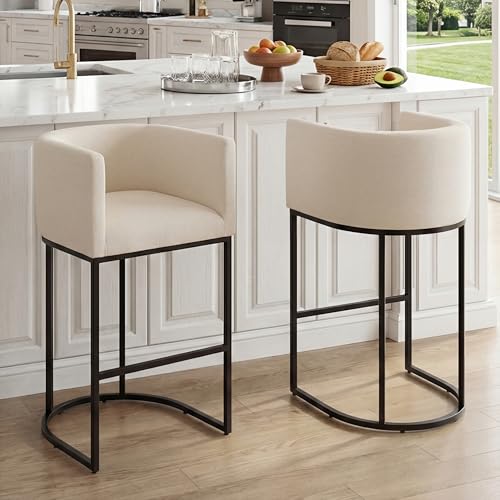 Image of HNY Cream Modern Barrel Counter Height Clearance Bar Stool, 32 Inch Linen Kitchen Barstool with Back for Island, with Black Metal Tubular Frame