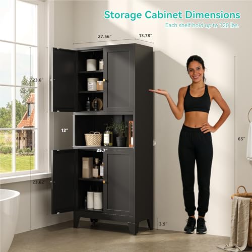 Image of 69 inch Tall Pantry Cabinet with Open Shelf,13.78 inchDeep By 28 inch Wide Storage Cabinet with Doors and Adjustable Shelves,Microwave Stand,for Kitchen Dining Room Bathroom,Black,1Pc