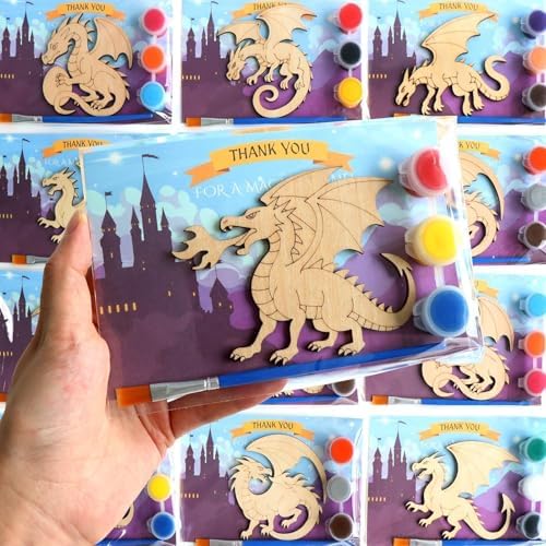 Dragon Party Favors for Kids - 12PCS Paint Your Own Wooden Magnet Kits with Thank You Cards, Individually Wrapped Dragon Birthday Decorations & Party Supplies for Boys & Girls