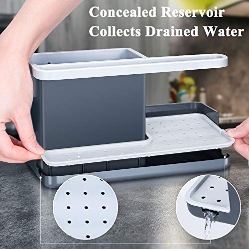 Nieifi Kitchen Sink Caddy Organizer with an Elegant Hand and Dish Soap Dispenser(A Premium Spare Pump Included), Sponger Brush Holder Plastic Gray - Thumbnail 5