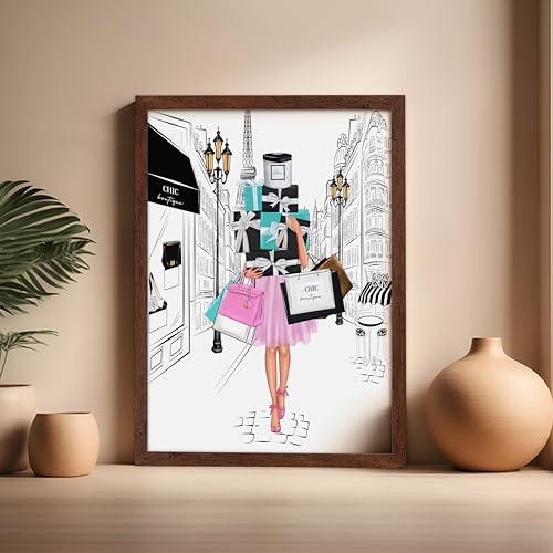 Image of Poster Master Fashion Poster - Lady with Shopping Bags Print - Trendy Art - Modern Art - Gift for Her & Fashionista - Luxury Haute Couture Decor for Bedroom or Girl's Room, 16x20 Brown Framed
