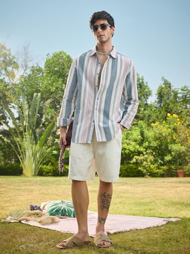 Image of The Souled Store Cotton Linen Stripes: Apricot Men and Boys Long Sleeves Collared Neck Orange Stripes Regular Fit Lightweight Comfortable Summer Cotton Linen Shirts