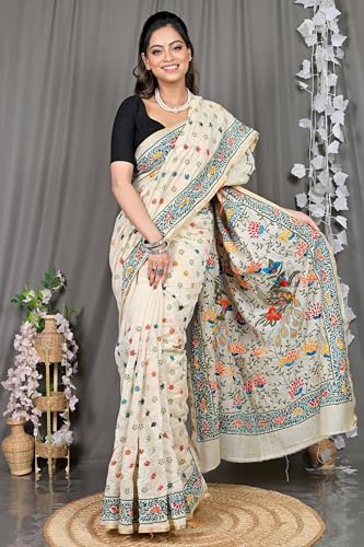 Image of DipDiya Cotton Traditional Bengali White Kantha Stitch Saree with blouse piece