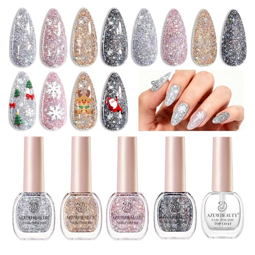 AZUREBEAUTY Nail Polish Set, 4 Colors Dazzling Gold Silver Pink Quick Dry Natural Nail with Top Coat,Professional for Nail Art DIY Manicure and Pedicure at Home