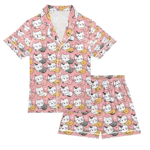 senya Cartoon Cat Pink Satin Summer Pajama Sets Silk Short Sleeve Button Down Sleepwear
