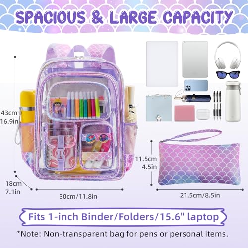 Image of Mermaid Clear Backpack for Girls, 17 Inch Heavy Duty Transparent School Bookbag for Kids with Pencil Case & Cute Accessories