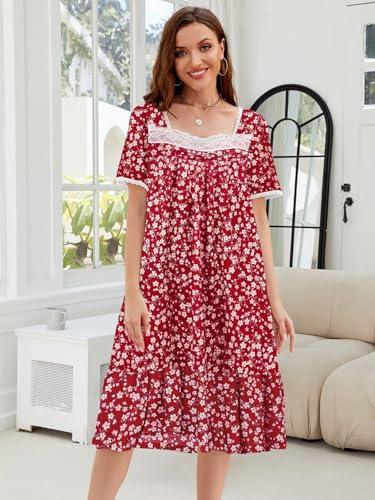 Image of CRIPOM Long Nightgowns for Women Lace Collar Floral Print House Dresses with Pockets S-3XL