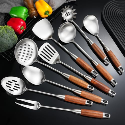NIITAWH 304 Stainless Steel Kitchen Utensils Set with Wooden Handle for Cooking 9 PCS with Solid Spoon, Slotted Spoon, Fork, Spatula, Ladle, Skimmer, Slotted Tunner, Spaghetti Spoon, Large Spoon