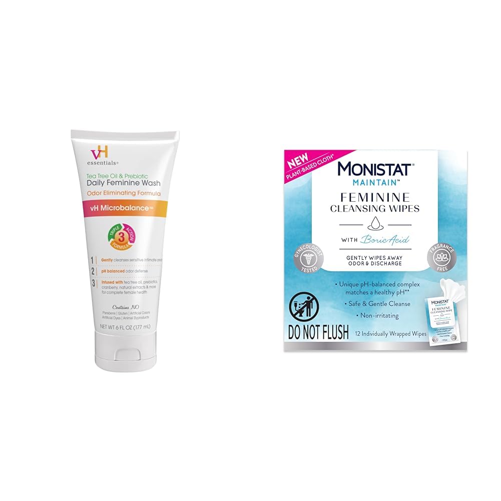 vH essentials Feminine Wash with Tea Tree Oil & Prebiotics, 6 Fl Oz & Monistat Feminine Wipes with Boric Acid, 12 Count