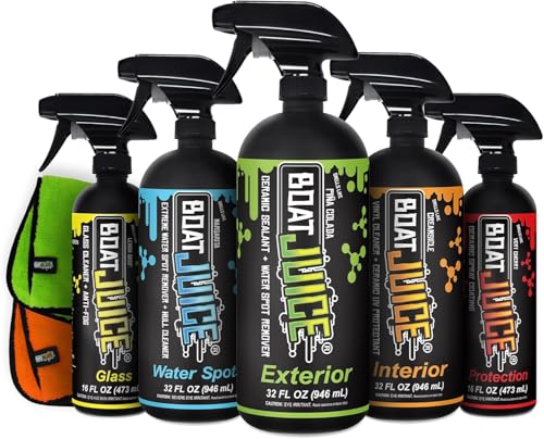 Boat Juice Luxury Boat Cleaning Kit | Interior Vinyl Seat Cleaner Exterior Cleaner & Protectant Hard Water Spot Remover Ceramic Coating Glass Cleaner 2 Microfiber Towels | Marine Kit Made in USA