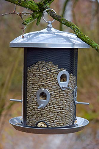 dobar® XXL Futtersäule Ganzjahresfütterung hängend - Vogelfutterspender mit Dual-Silo - Futterstation aus Metall zum Hängen - Vogelfuttersäule Sämereien/Nüsse - 20 x 20 x 32 cm - Grau