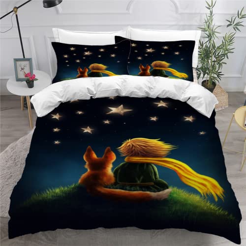 SK-YBB Housse de Couette 200x200 Petit Prince Parure de Lit 3 Pièces 3D Imprimé Bleu Marine Parure de Lit 200x200 Enfant 3 Pièces avec Fermeture Éclair 2 Taies...