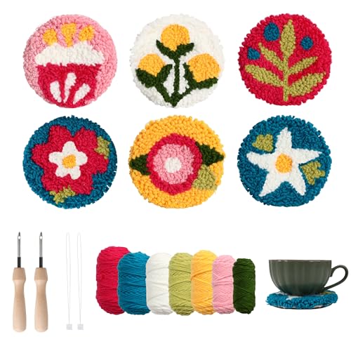Image of Emri Lane Punch Needle Kit - 6 Floral Design Punch Needle Embroidery Kit w /Monk Cloth, Embroidery Hoop, Yarn & More - Essential Punch Needle Supplies for Crafters - Ideal Punch Art for Beginners