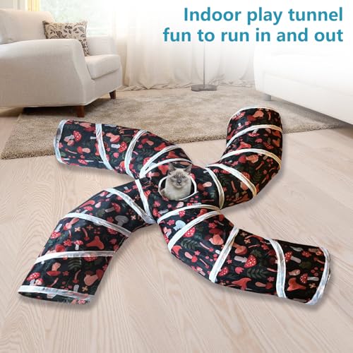 Image of EGETOTA Cat Tunnel for Indoor Cats Large, with Play Ball S-Shape 5 Way Collapsible Interactive Peek Hole Pet Tube Toys, Puppy, Kitty, Kitten, Rabbit (S4 - Mushroom)