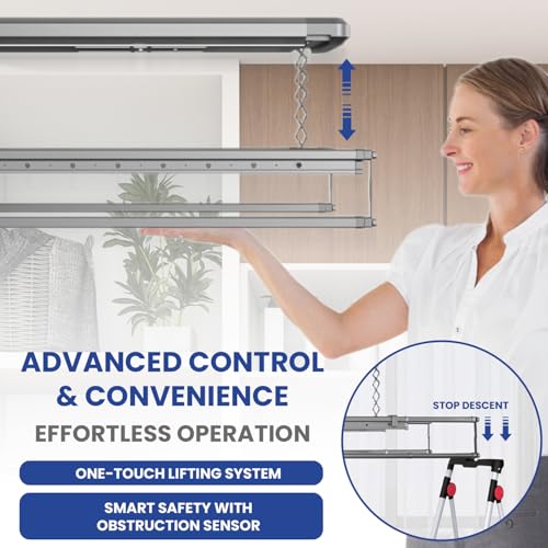Image of KosmoCare Ultra Ceiling Mounted Electric Clothes Drying Rack|LED & UV Lights|Air & Heater Fans for Faster Drying|Smart Motorized Laundry|Clothes Hanger for Home & Balcony|Remote Control Drying Poles