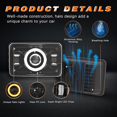 Image of 4x6 LED Headlights [DOT Approved] with Halo White DRL Amber Turn Signal Light [High Low Sealed Beam] Compatible for Peterbilt 379 Kenworth T800 T600 Freightinger Ol-dsmobile Trucks