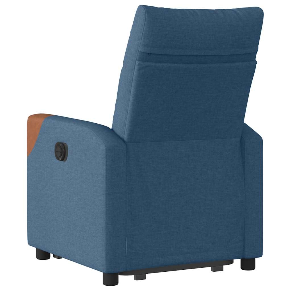 Poltrona relax elettrica con rivestimento in tessuto blu, schienale regolabile fino a 135 gradi, robusta struttura in legno e metallo, comoda poltrona imbottita per soggiorno e angolo lettura