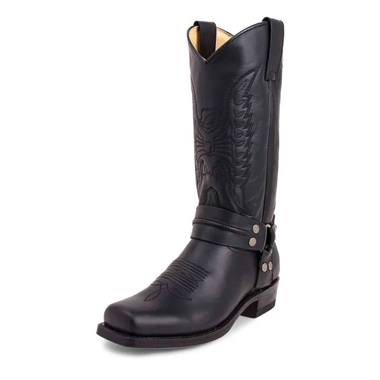 Stivali da cowboy western da uomo, stivali casual in pelle, stivali da cavaliere for uomo, stivaletti retrò ricamati a metà polpaccio, Botas Hombre