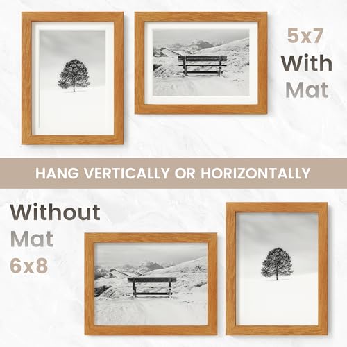 Image of 6x8 Picture Frame, USA-Sourced Natural Teak Wood Photo Collage Frame with HD Tempered Glass, Modern Simple 6 x 8 Wooden Frame Matted to 5x7, Gallery Wall Frames for Art, Wall or Tabletop Display
