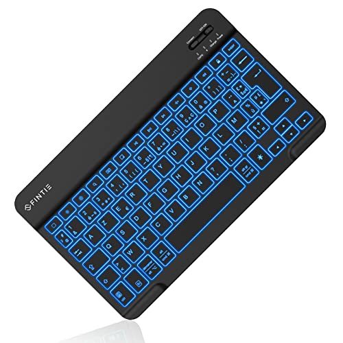FINTIE Clavier Rétroéclairé à 7 Couleurs 10 Pouces, [AZERTY Français] Clavier sans Fil Bluetooth Rechargeable, Design Léger Fin, pour iPad et Tablette...