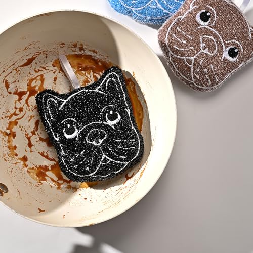 Image of Fox Run Bulldog Kitchen Scrubber Set, Multicolor Pack of 3 Dog Sponges, 4.25 inch Non-Abrasive Cleaning Pads