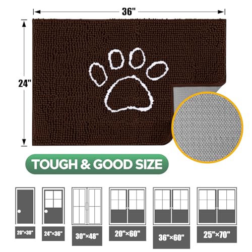 Dog Door Mat for Muddy Paws, Pet Rug Chenille Absorbent Outdoor Doormat 36"x 24", Non Slip Heavy Indoor Doormat Soft Front Inside Doormats for Entryway, Mud Paws, Patio,Dog Paw Brown