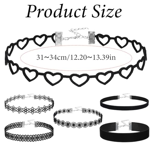 XLIUAX 6 Stück Choker Kette Damen, Schwarz Velvet Choker Halskette Verstellbare Klassische Kropfband Schmuck Gothic Lace Klassische Chokers für Dancing Halloween Geburtstag Party Cosplay