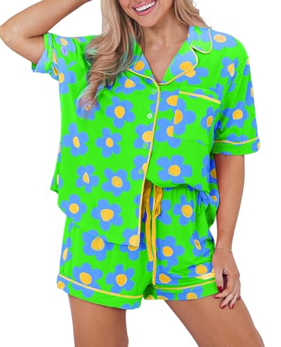 Image of KevaMolly Women Floral Notch Collar 2 Piece Holiday PJ Set | Print Short Sleeve Top, Drawstring Soft Vacation Sleep Shorts