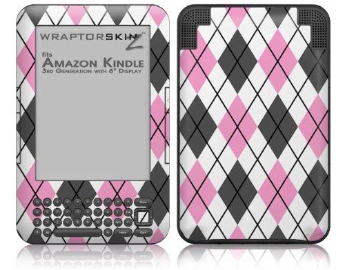 WraptorSkinz Argyle Pink and Gray - Decal Style Skin fits Amazon Kindle 3 Keyboard (with 6 inch Display)