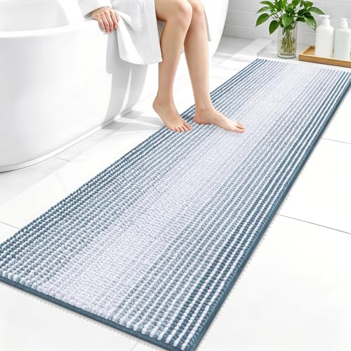 Image of OLANLY Bathroom Runner Rugs 59x20, Chenille Striped Bath Rugs, Airy Blue